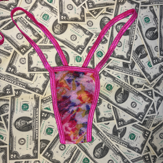 Pink Tie Dye Y Back Thong Bikini Set