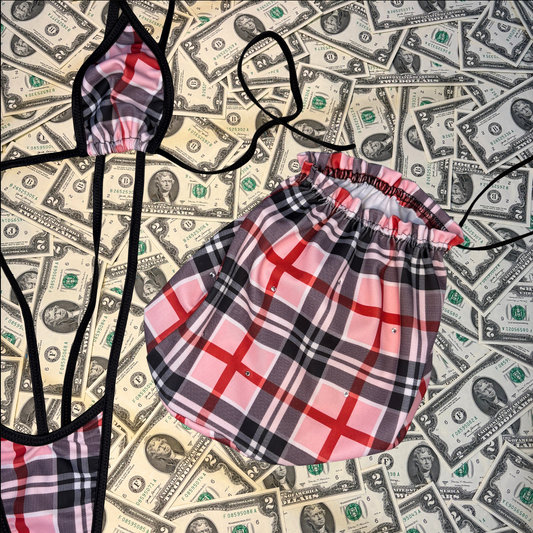 Light Pink Plaid Slingshot Bikini Set With Money Bag