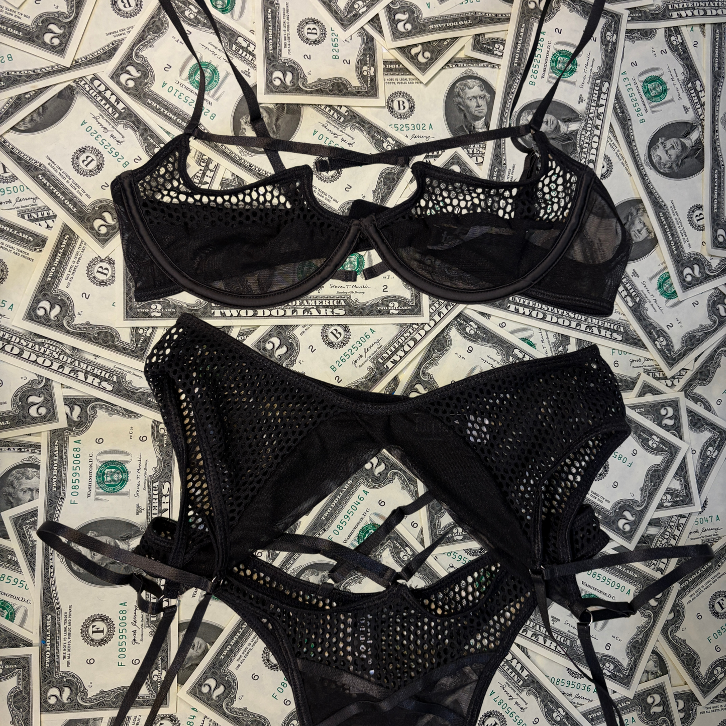 Baddie Black Fishnet Bra and Garter Belt Set