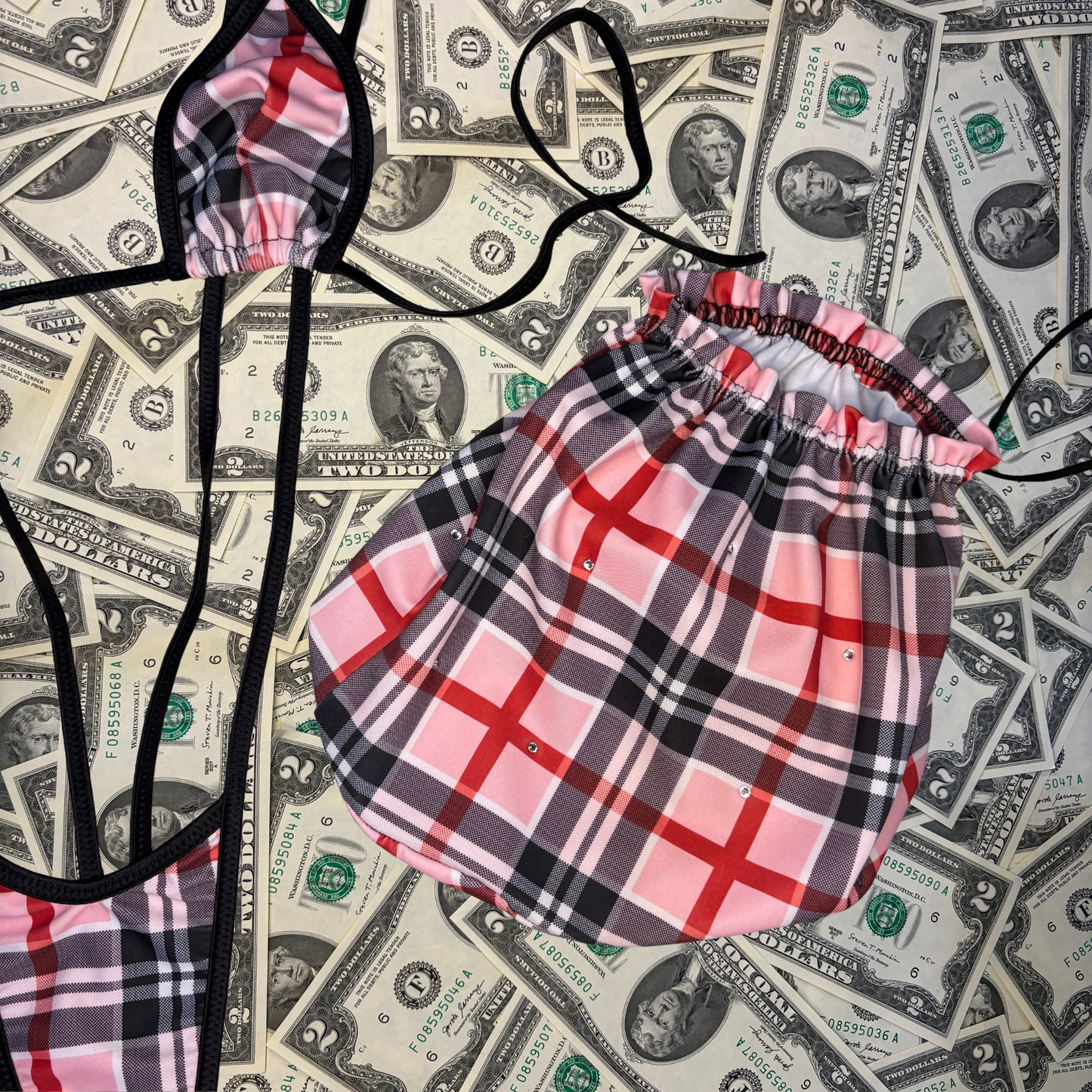 Baby Pink Plaid Slingshot Bikini Set With Money Bag