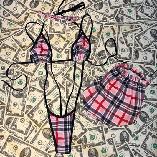Baby Pink Plaid Slingshot Bikini Set With Money Bag