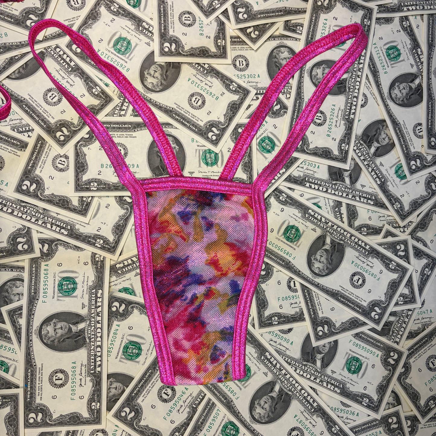 Pink Tie Dye Y Back Thong Bikini Set
