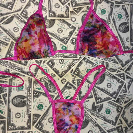 Pink Tie Dye Y Back Thong Bikini Set