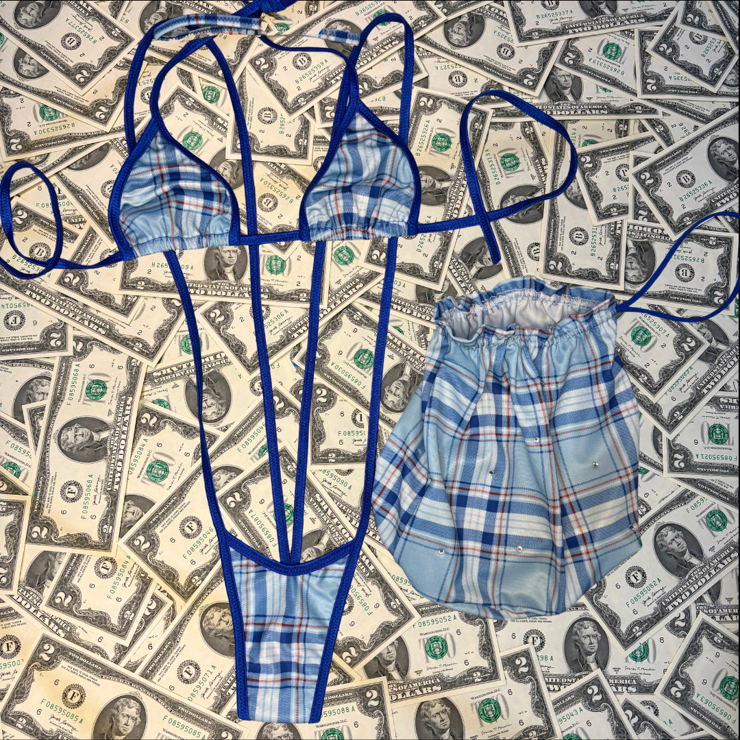 Baby Blue Plaid Slingshot Bikini Set With Money Bag