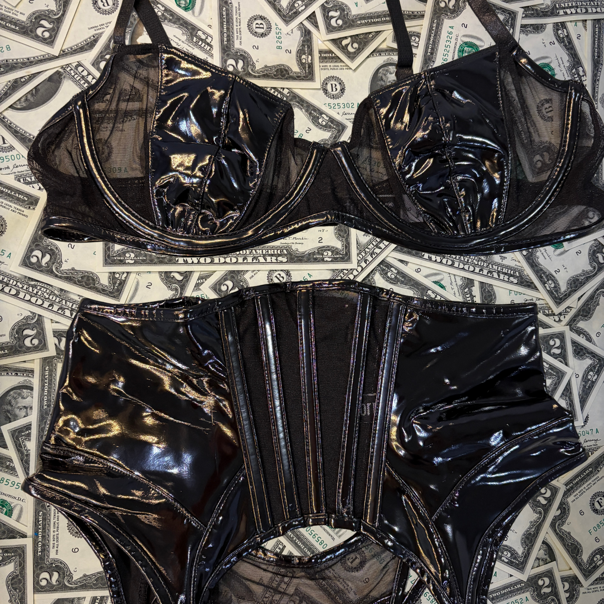 Mistress Black Leather Bra and Waist Cincher Set