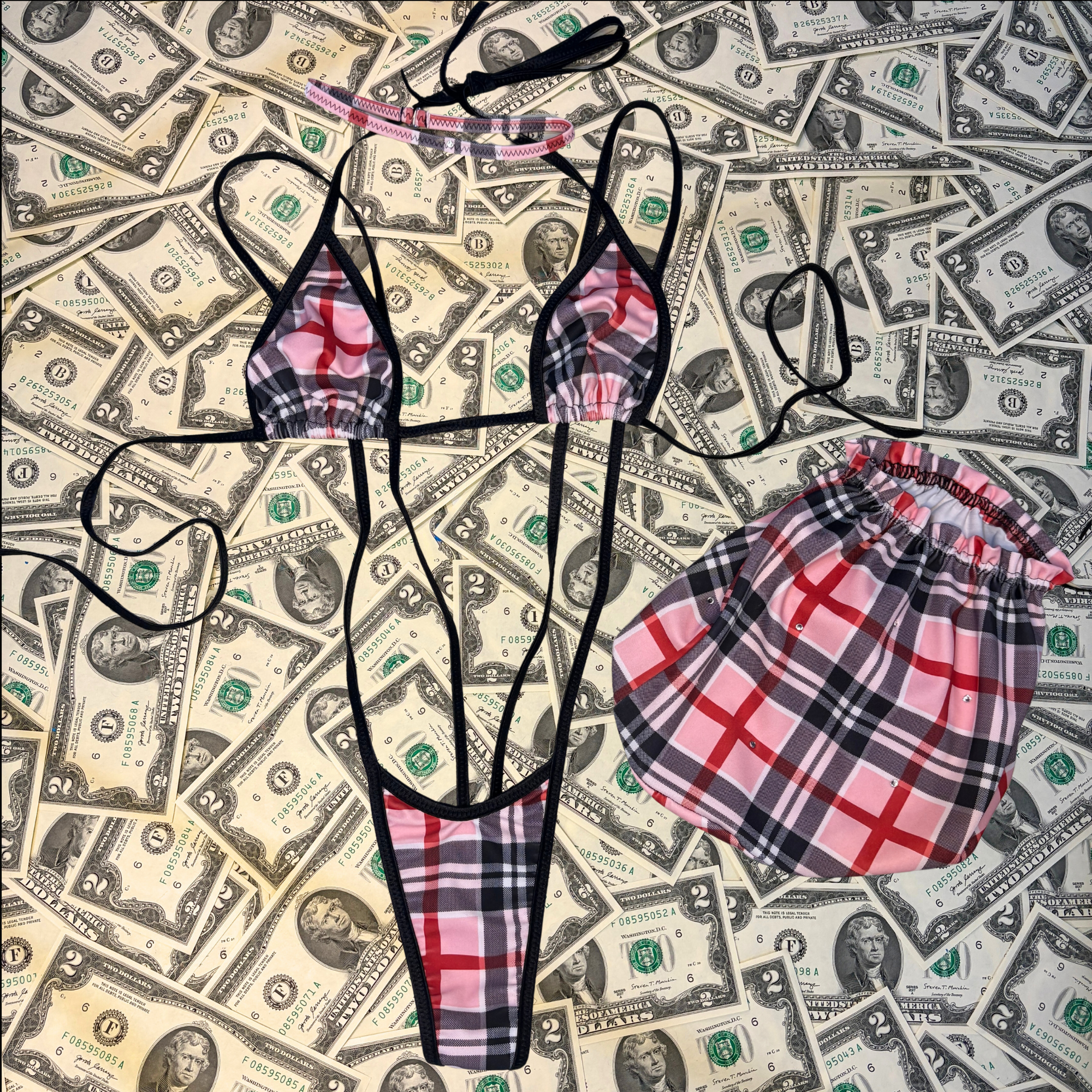 Light Pink Plaid Slingshot Bikini Set With Money Bag