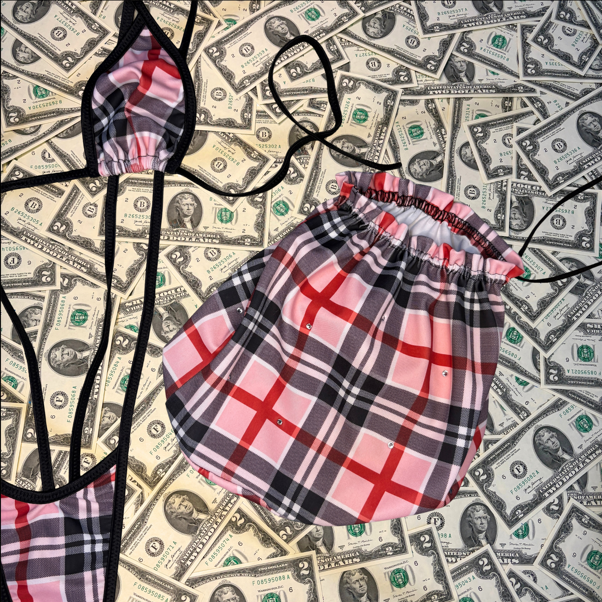Light Pink Plaid Slingshot Bikini Set With Money Bag