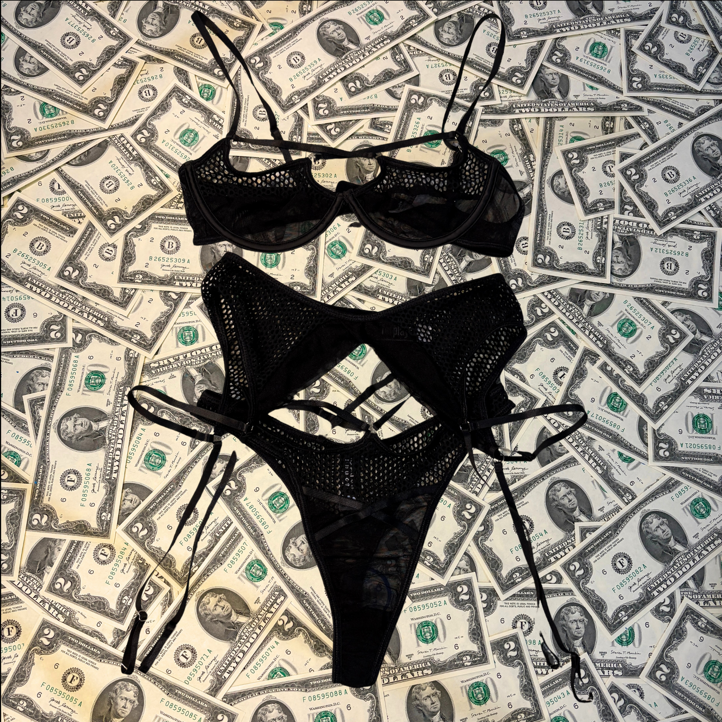 Baddie Black Fishnet Bra and Garter Belt Set