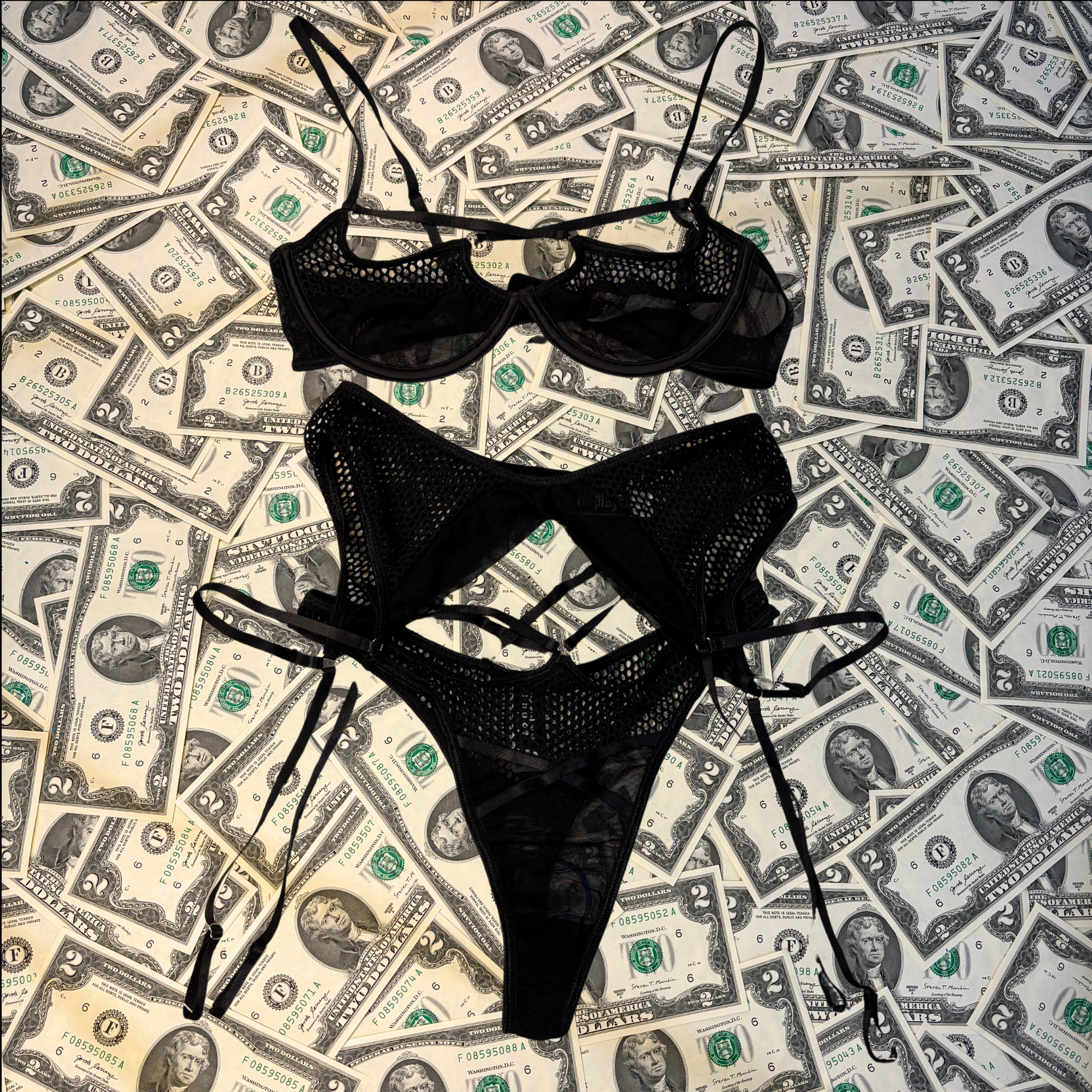 Baddie Black Fishnet Bra and Garter Belt Set