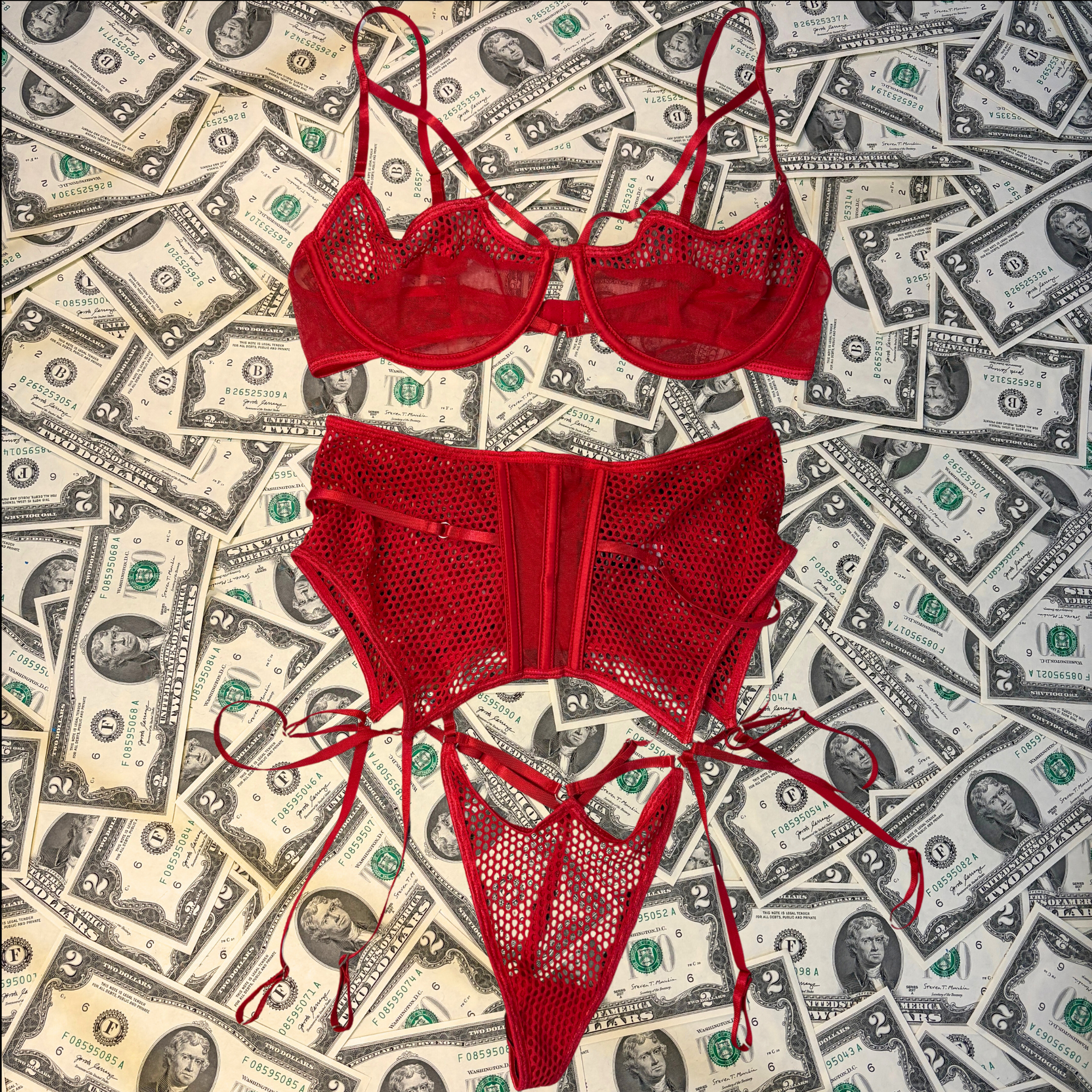 On Sight Red Fishnet Bra and Waist Cincher Set