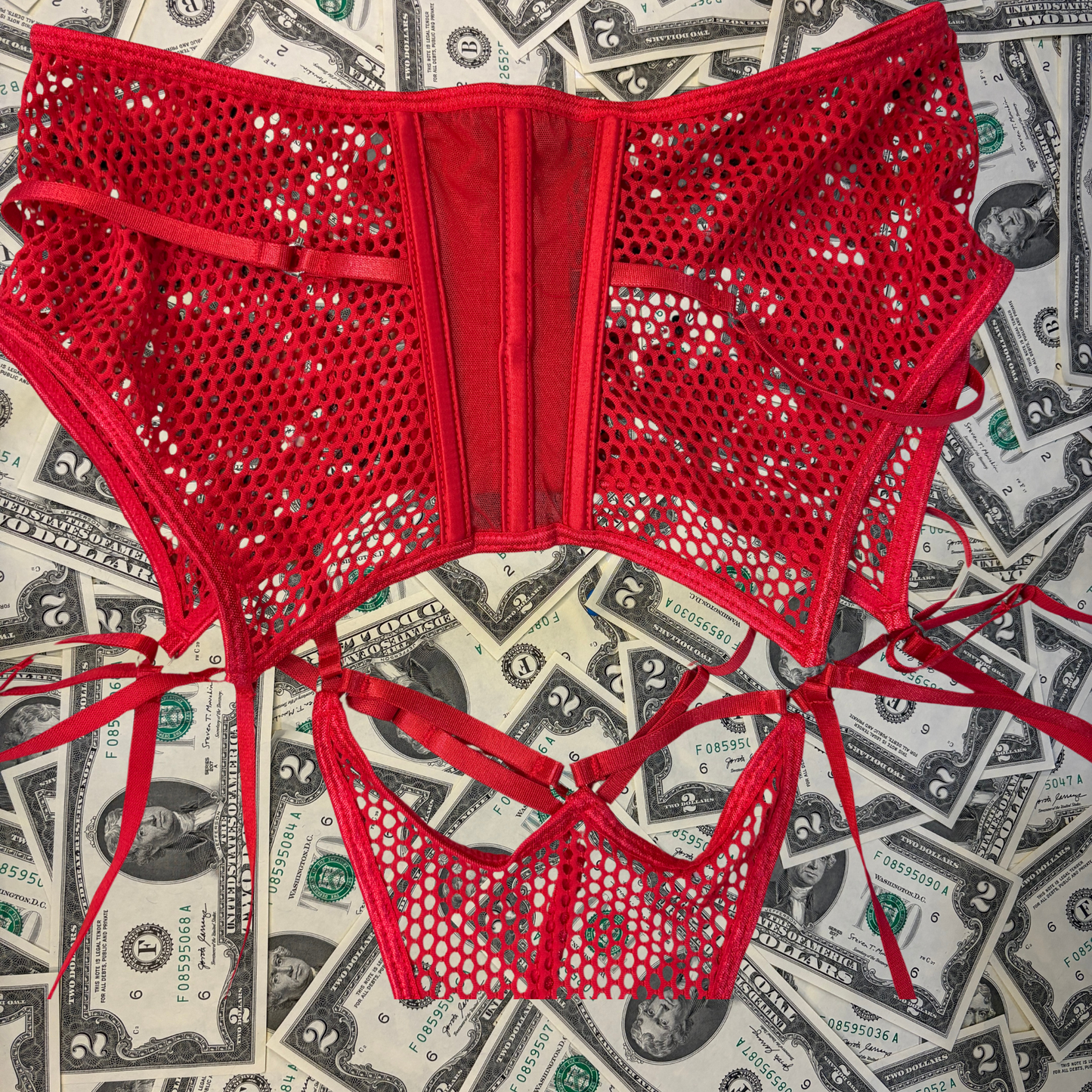 On Sight Red Fishnet Bra and Waist Cincher Set