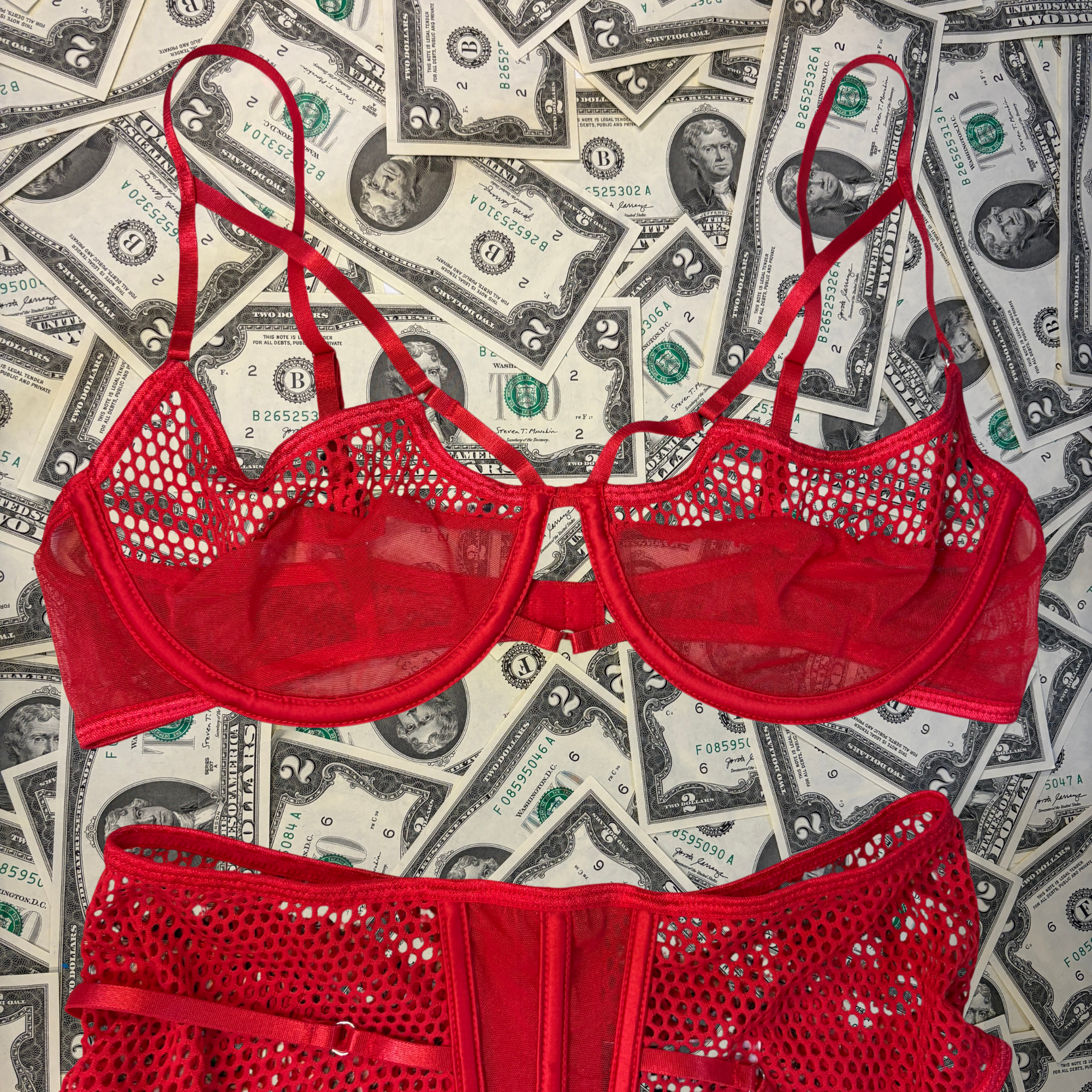 On Sight Red Fishnet Bra and Waist Cincher Set