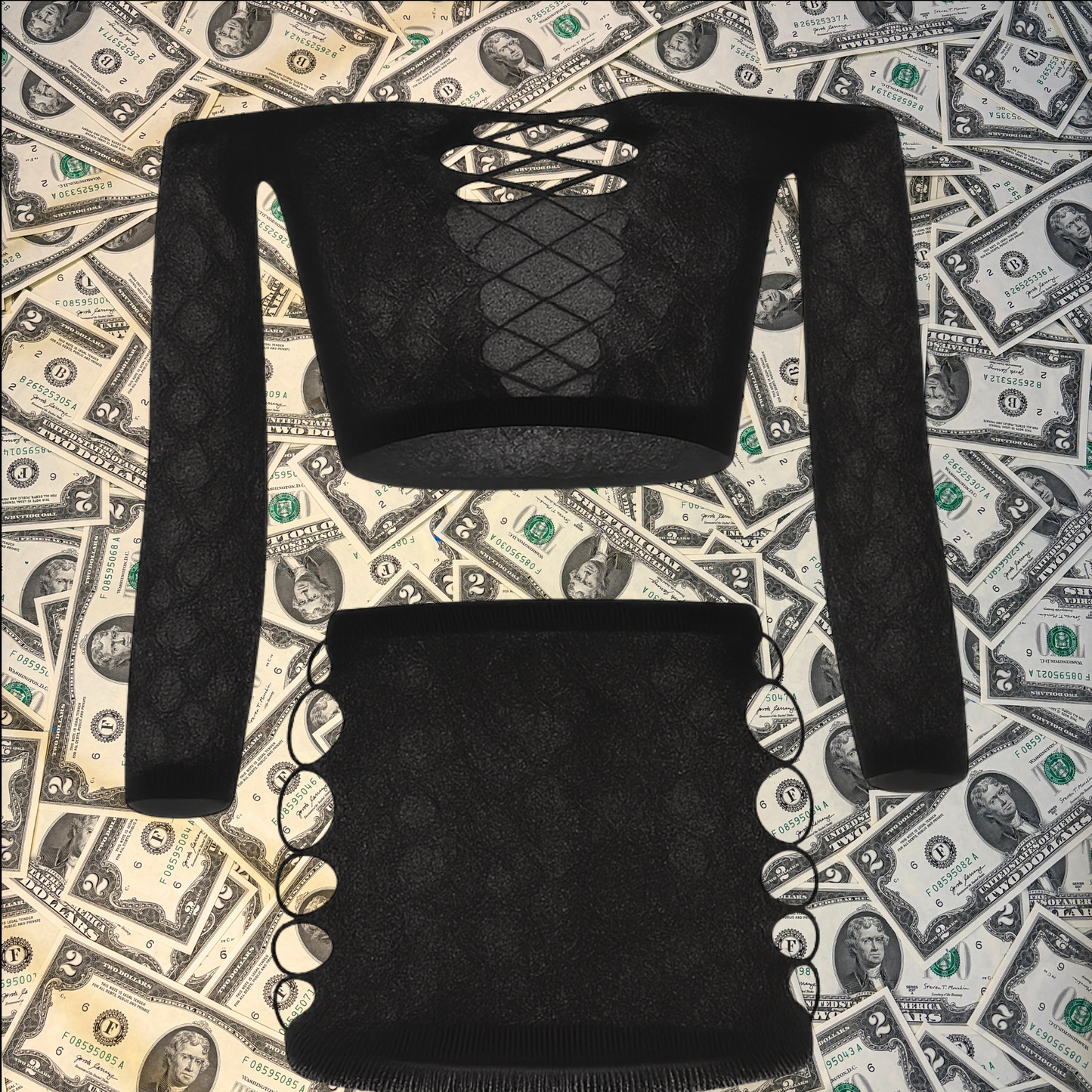 Lauren Fishnet Long-Sleeve Skirt Set