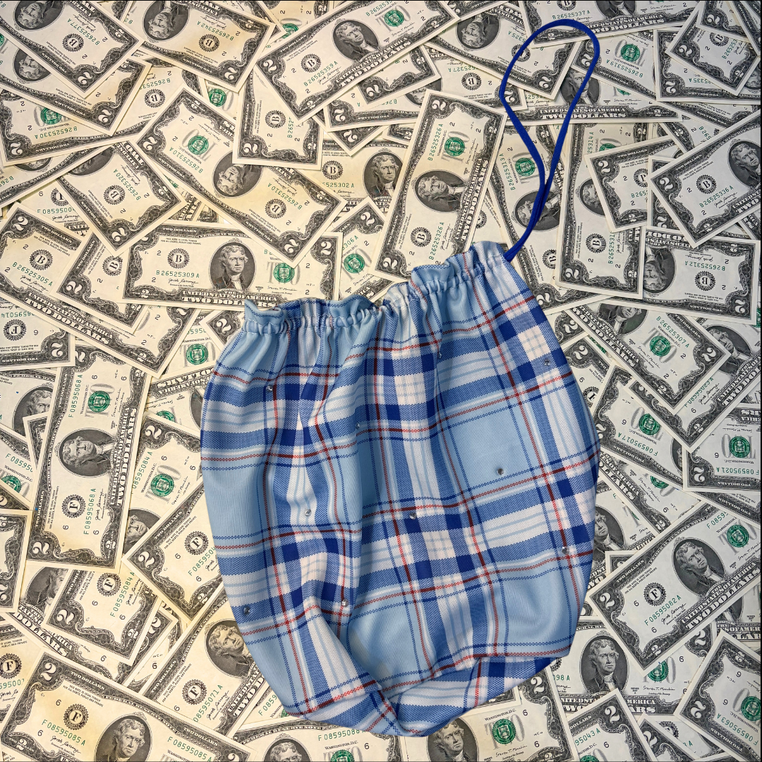 Baby Blue Plaid Slingshot Bikini Set With Money Bag