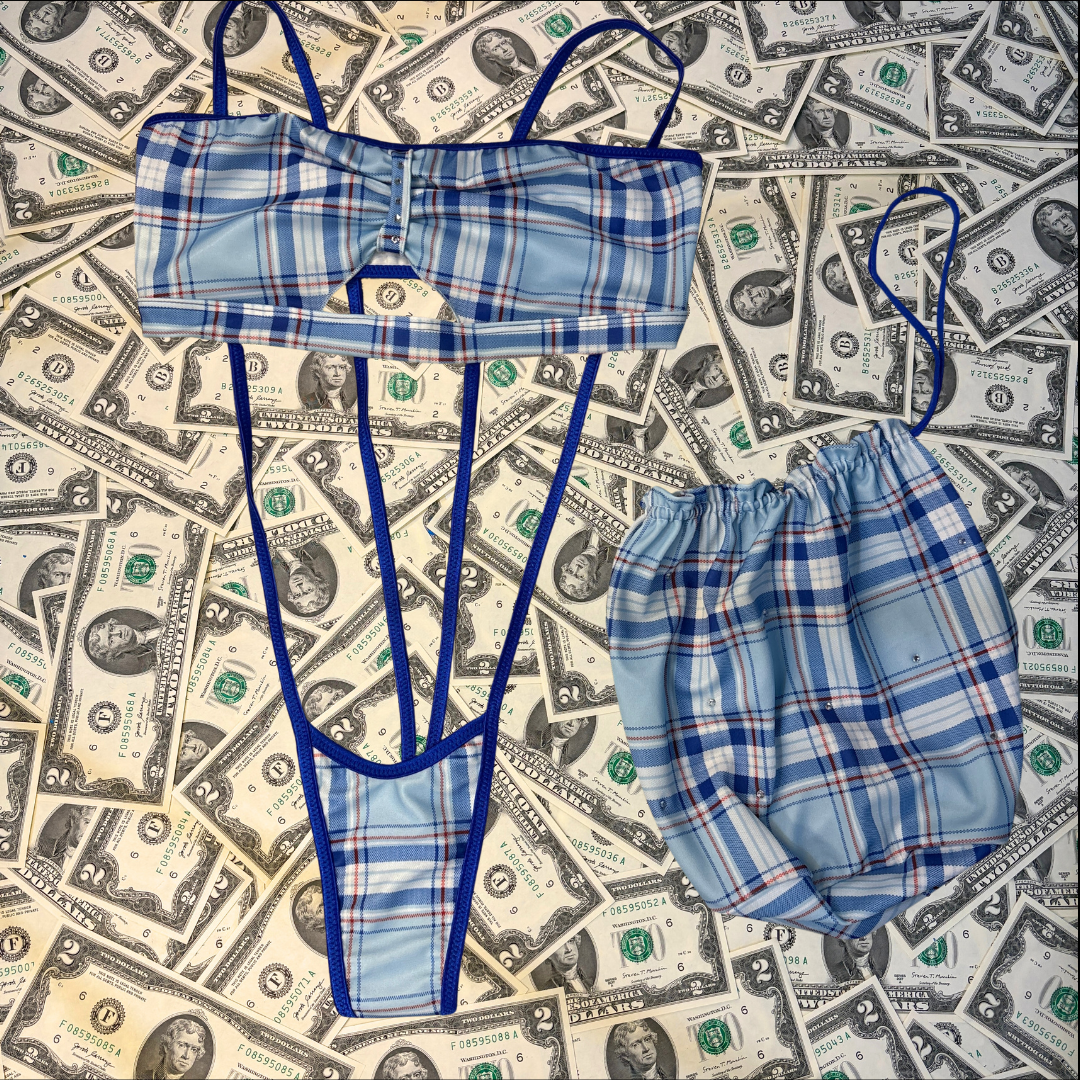 Baby Blue Plaid Slingshot Bikini Set With Money Bag