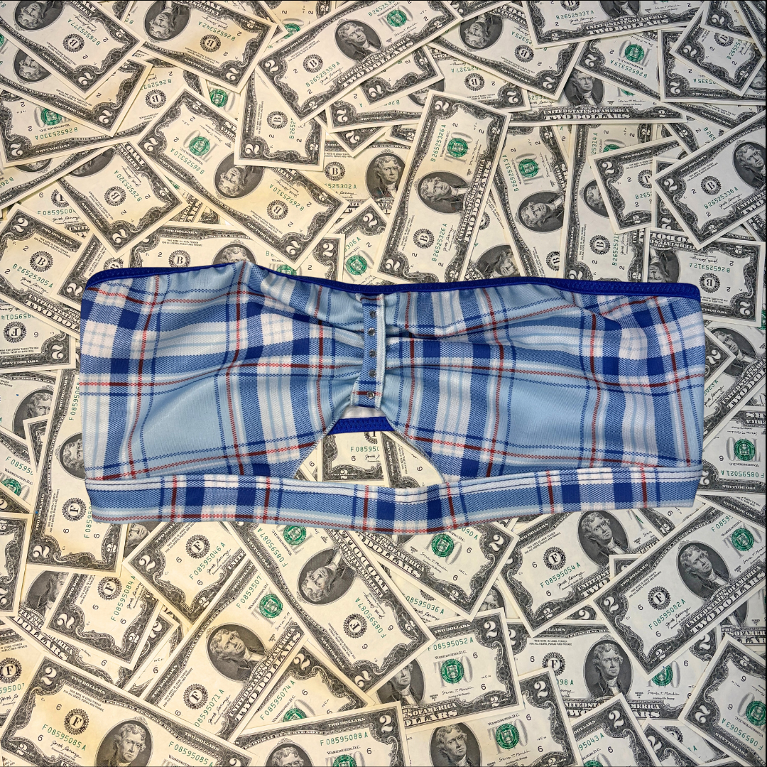 Baby Blue Plaid Slingshot Bikini Set With Money Bag